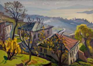 Makrinitsa, Landscape Looking Down, Glistening Sea — Oil painting, Canvas, 46.00×65.00cm — Theodoros Markellos
